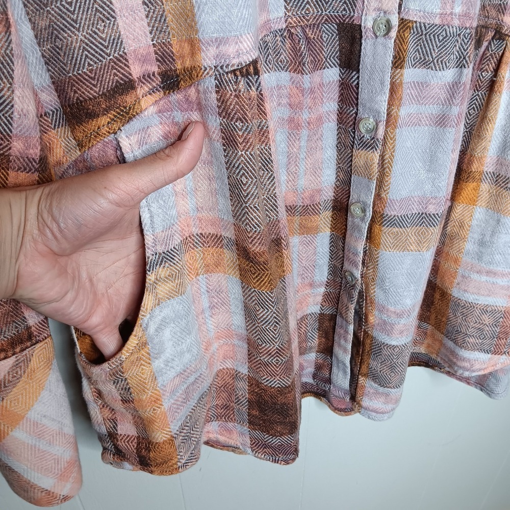 Free People Easy Street Tunic Shirt Size L Pink Plaid Flannel Country Festival - Picture 4 of 8
